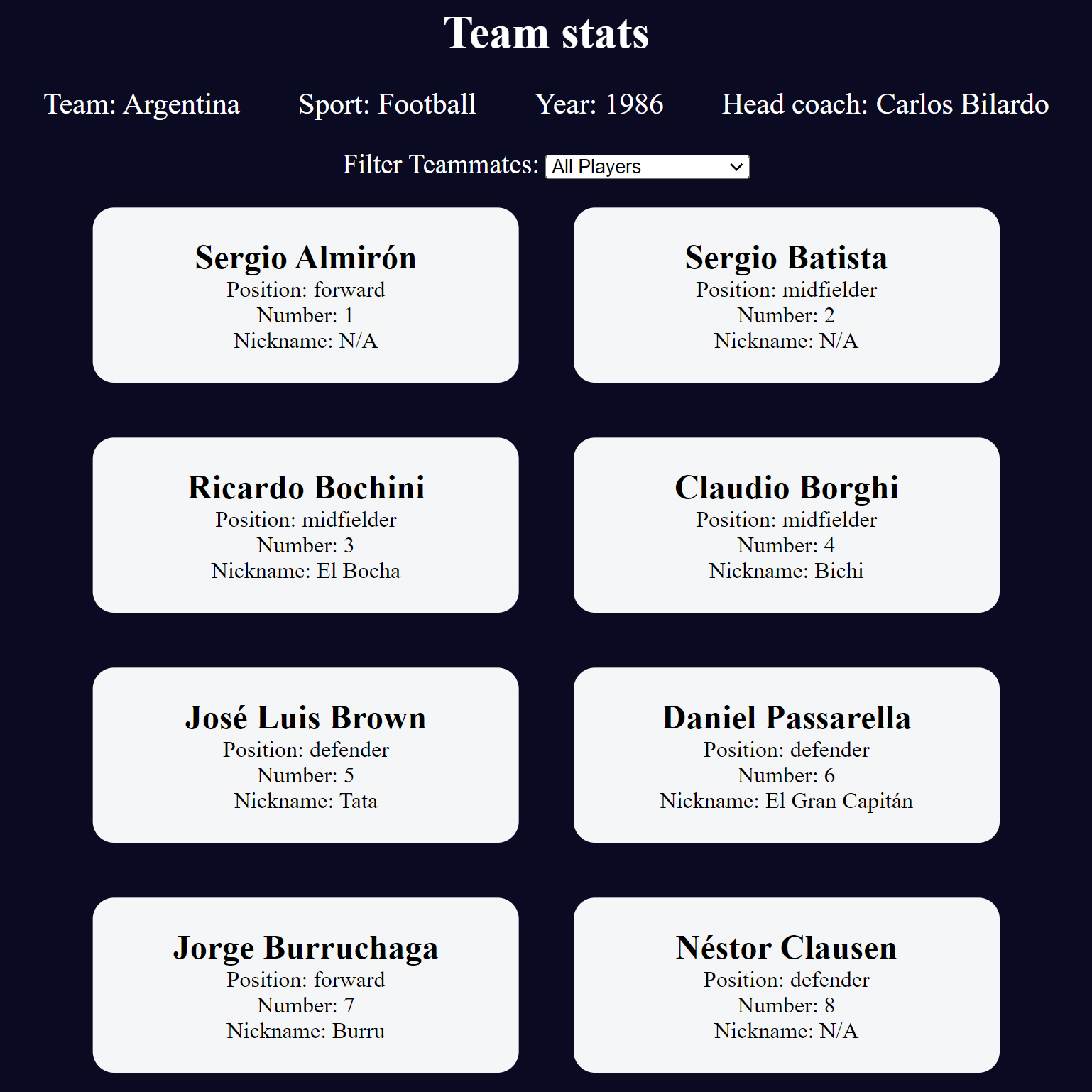 Football Team Cards Project Screenshot.